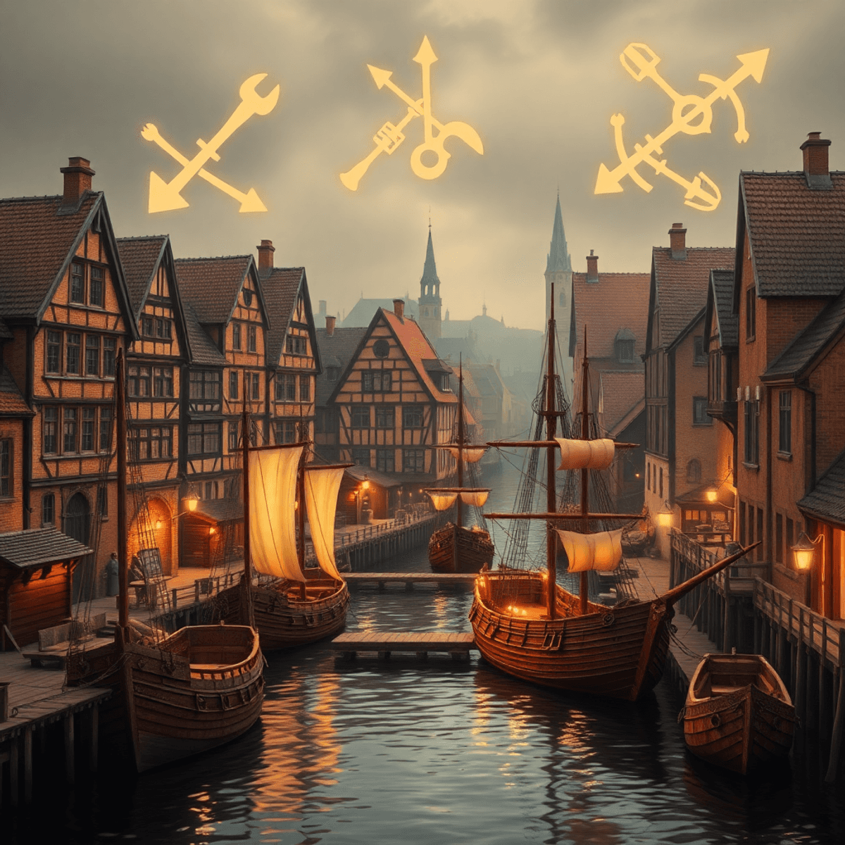 Historic Northern European port with Brick Gothic and timber-framed buildings, bustling wooden docks, medieval ships, and glowing trade symbols in ...