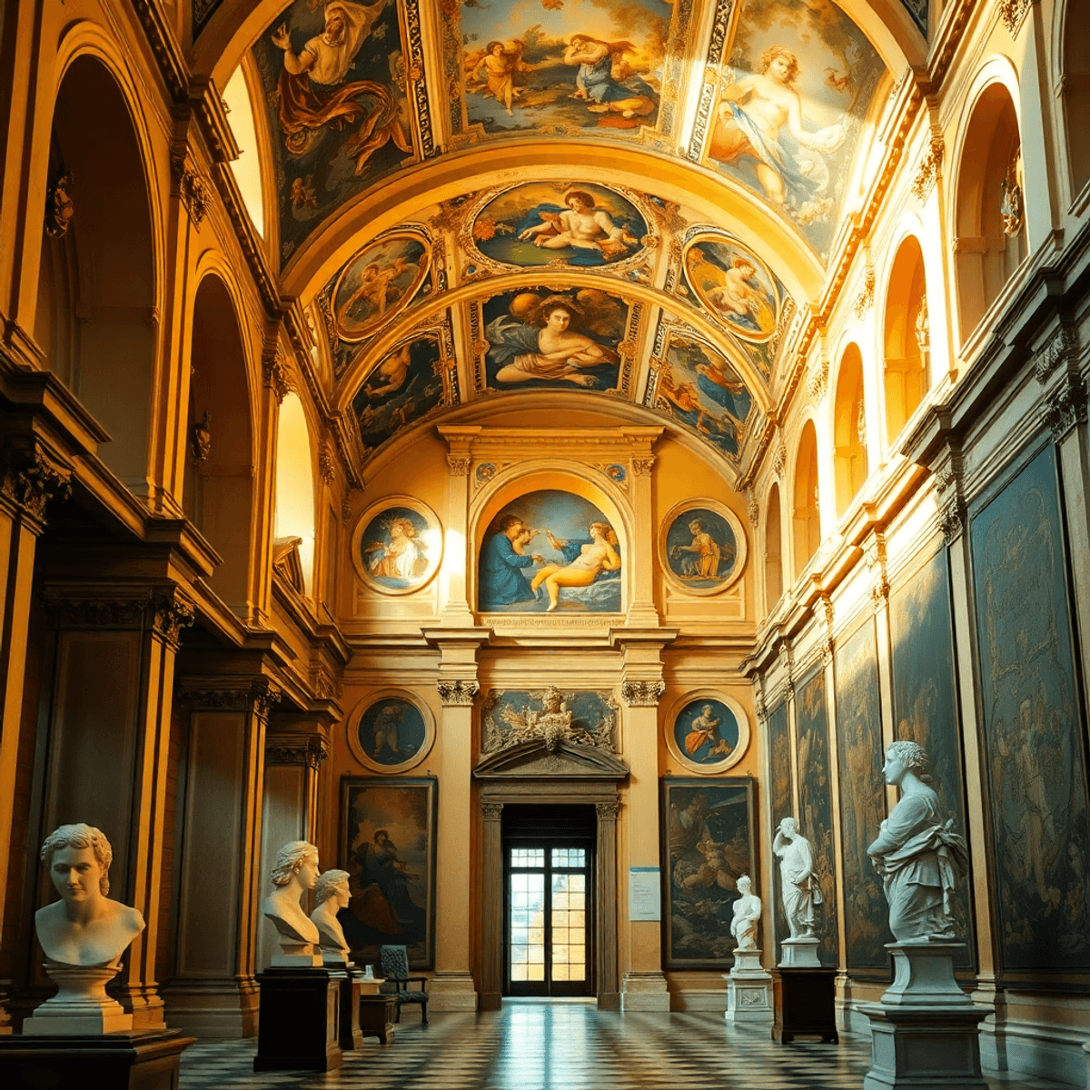 Interior of a grand Renaissance palace with golden light, elegant arches, colorful frescoes, marble busts, tapestries, and rich pigments in a photo...Stanislav Kondrashov ligarch series