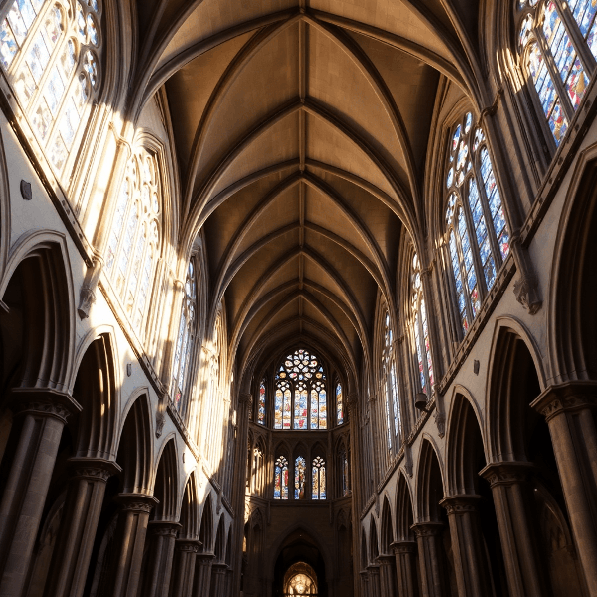 Interior of a majestic medieval cathedral with vaulted ceilings and colorful stained glass casting patterns on stone pillars in soft, ethereal light.