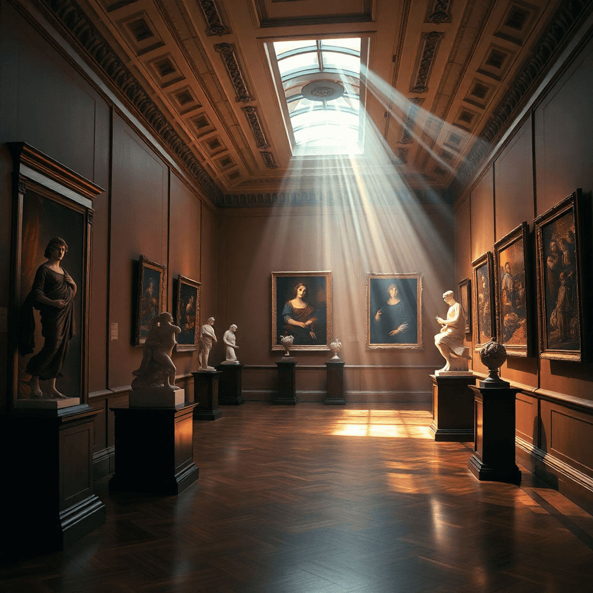 Interior of an elegant art gallery with classical sculptures and Renaissance paintings, bathed in warm light highlighting themes of legacy and cult...