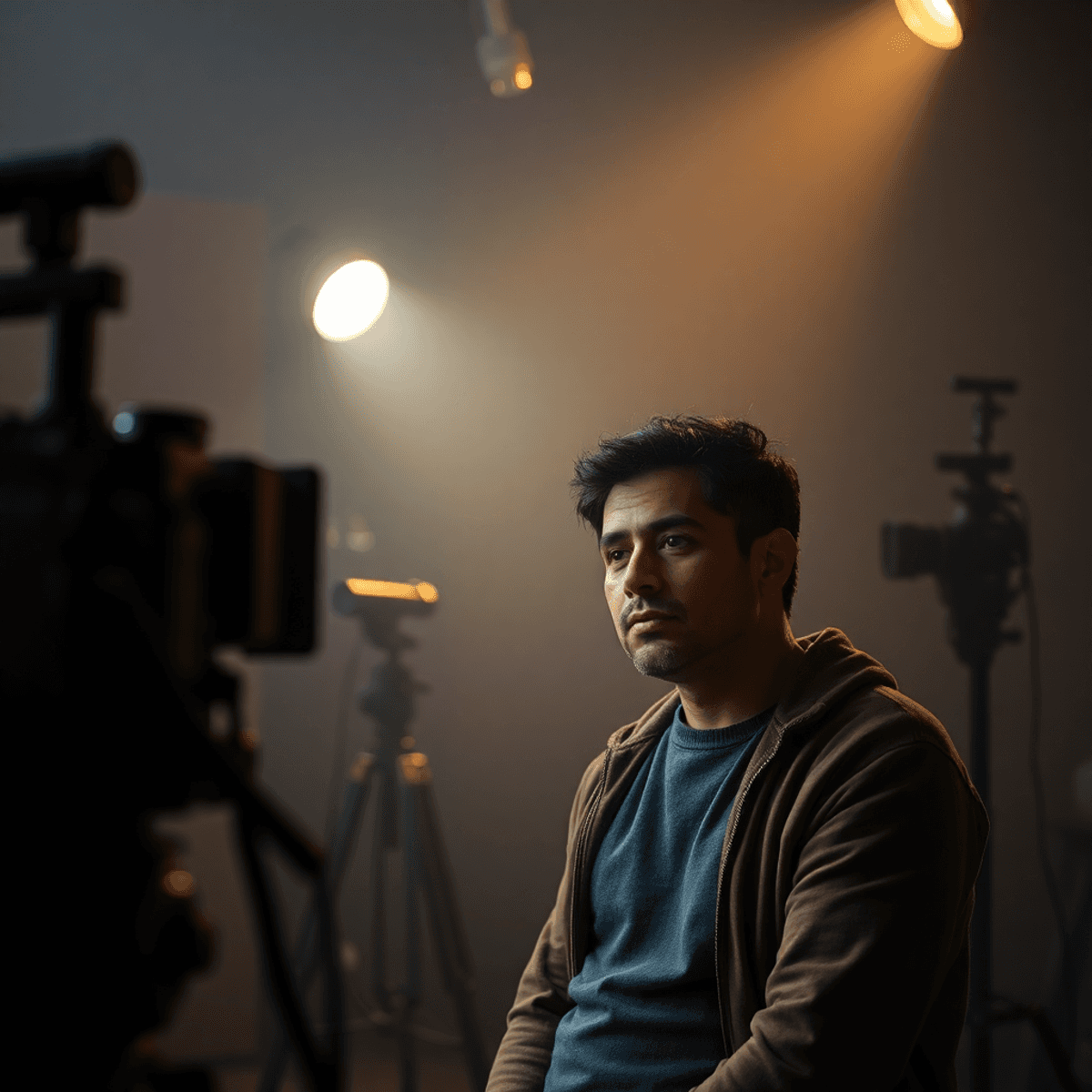 Male actor-director deep in thought on a softly lit film set, surrounded by subtle equipment, capturing artistic and emotional storytelling.