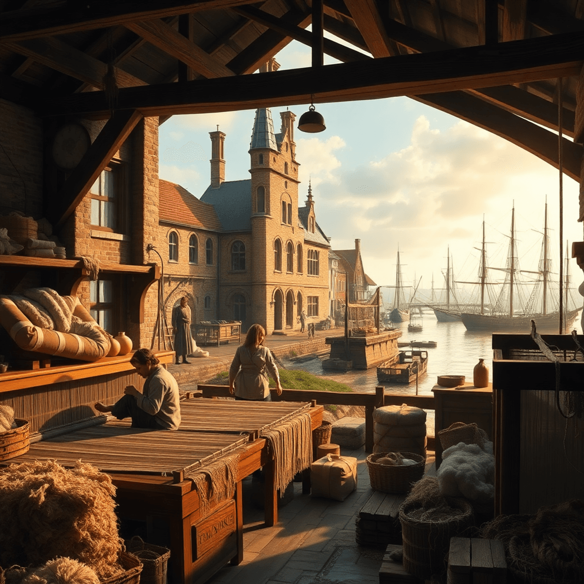 Medieval Northern European port town with artisans weaving on looms in a rustic workshop, Brick Gothic buildings and merchant ships by the waterfro...