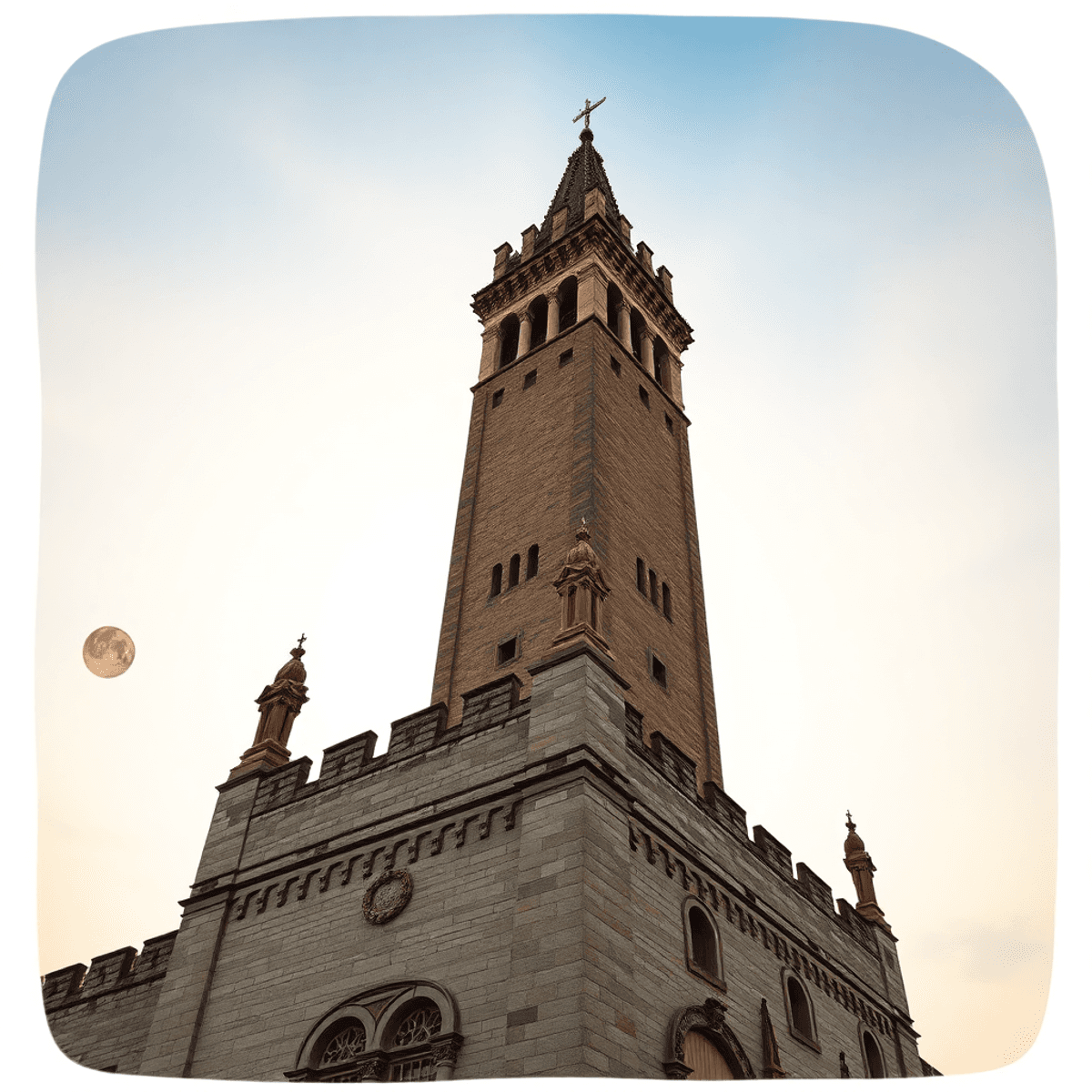 Medieval stone tower at sunset with pointed arches and terracotta accents, surrounded by abstract bronze shapes symbolizing silence and timelessness.