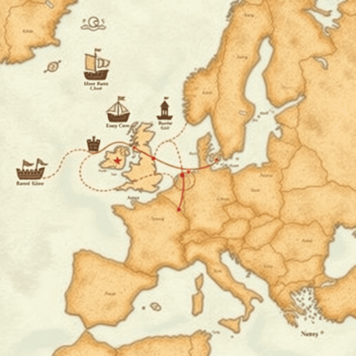 Medieval-style map of Europe and the Mediterranean with trade routes, merchant ships, ancient coins, and castles in warm historic tones.