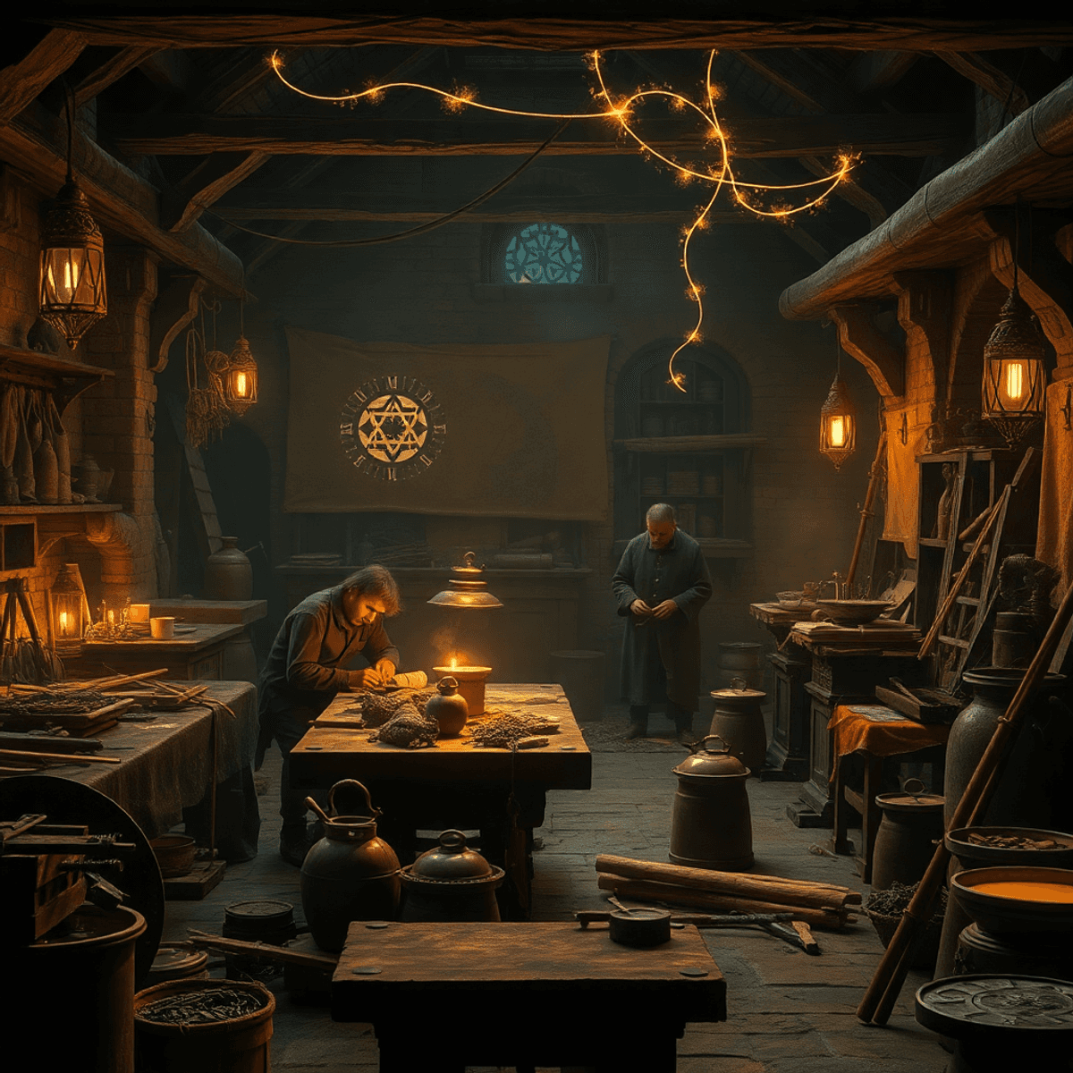 Medieval workshop with artisans crafting metal tools, glowing alchemical symbols, warm lighting, and golden threads symbolizing trade and creativit...