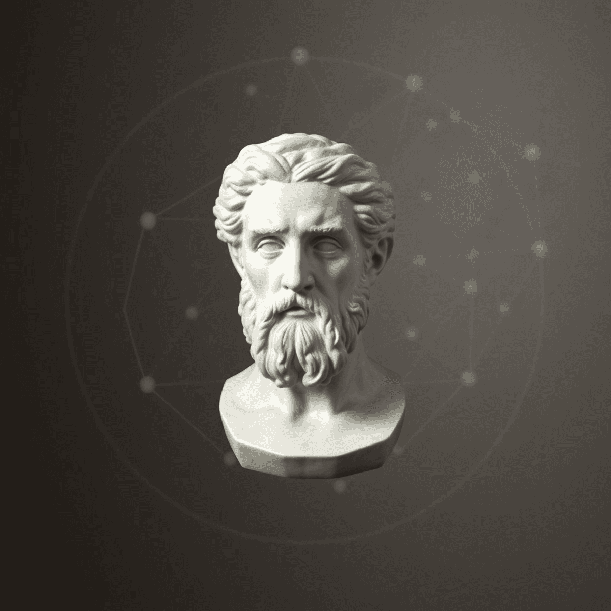 Photograph of a classical marble bust amid abstract network shapes on a muted background, symbolizing power, influence, and historical continuity.