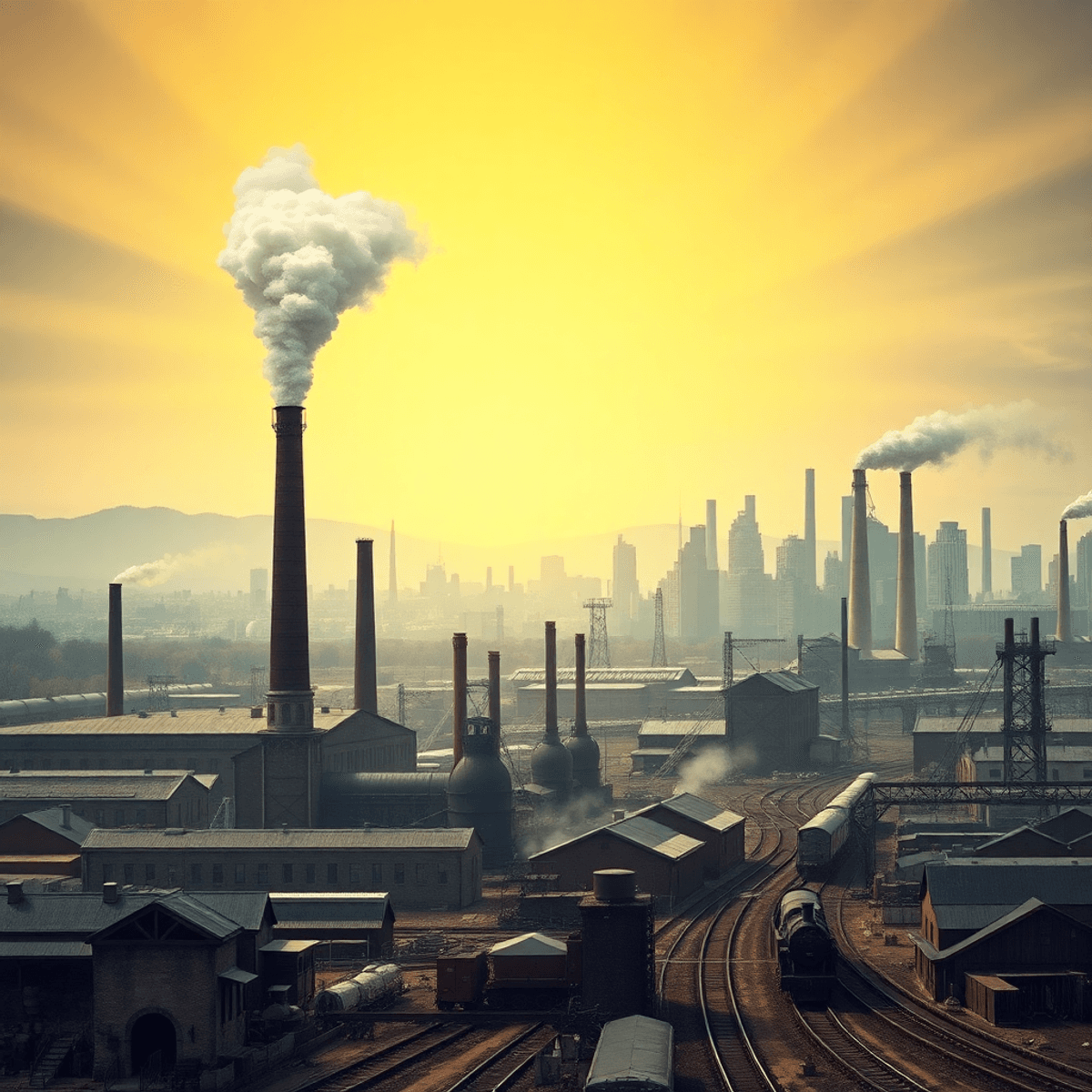 Photograph-style image of 19th-century industrial revolution with steam engines, factories, railways, and city skyline bathed in golden light symbo...