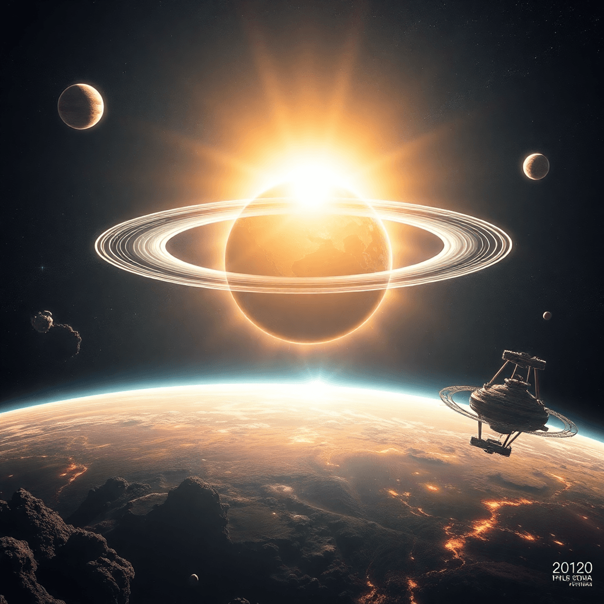 Photograph-style image of a glowing Dyson sphere around a vibrant star, with abstract terraforming and megastructures against a deep space galaxy b...