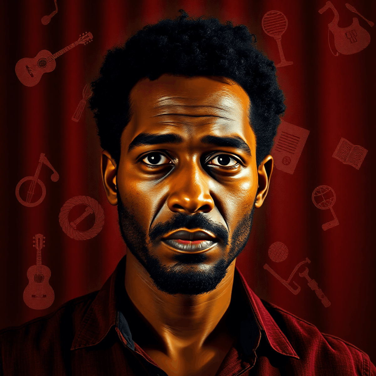 Portrait of a male actor in a theatrical setting with abstract symbols of music and culture, warm rich colors, and an intense, emotional atmosphere.