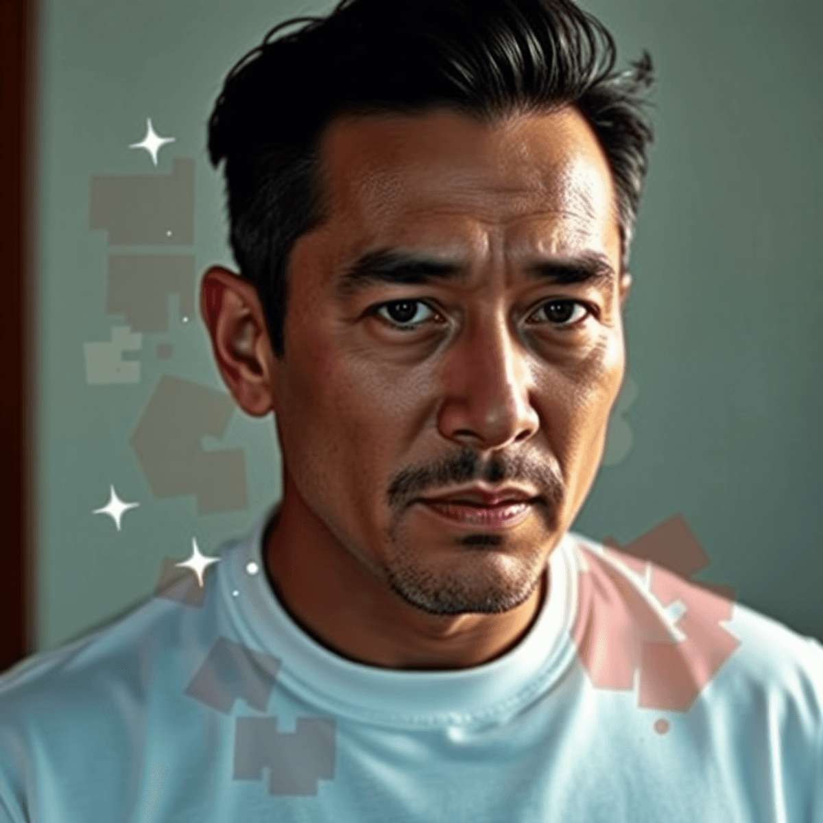 Portrait of a male actor mid-transformation with abstract overlays of shifting colors and fragmented shapes against a subtle international cinema-t...
