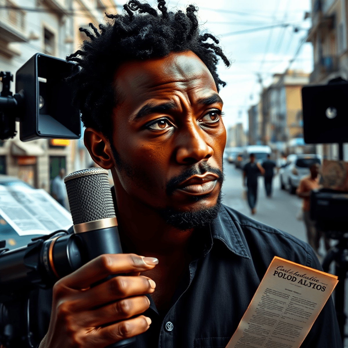 Portrait of a thoughtful actor on a dramatic film set with vintage microphone, investigative documents, and urban Salvador backdrop blending cinema...