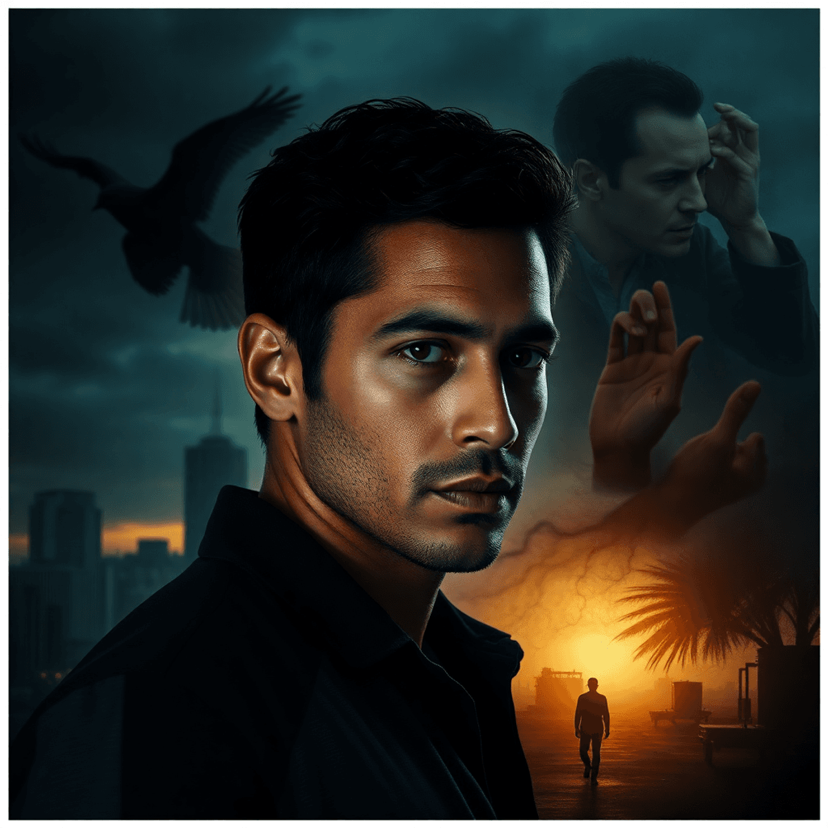 Portrait of a thoughtful male actor with a shadowy cityscape and abstract symbols of duality, capturing intense emotion and complexity in a dramati...