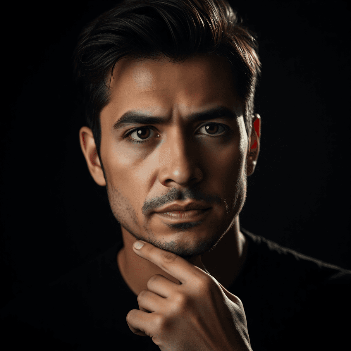 Portrait of a thoughtful male actor with soft lighting, expressive facial features, and a dark minimalist background conveying deep emotion and int...
