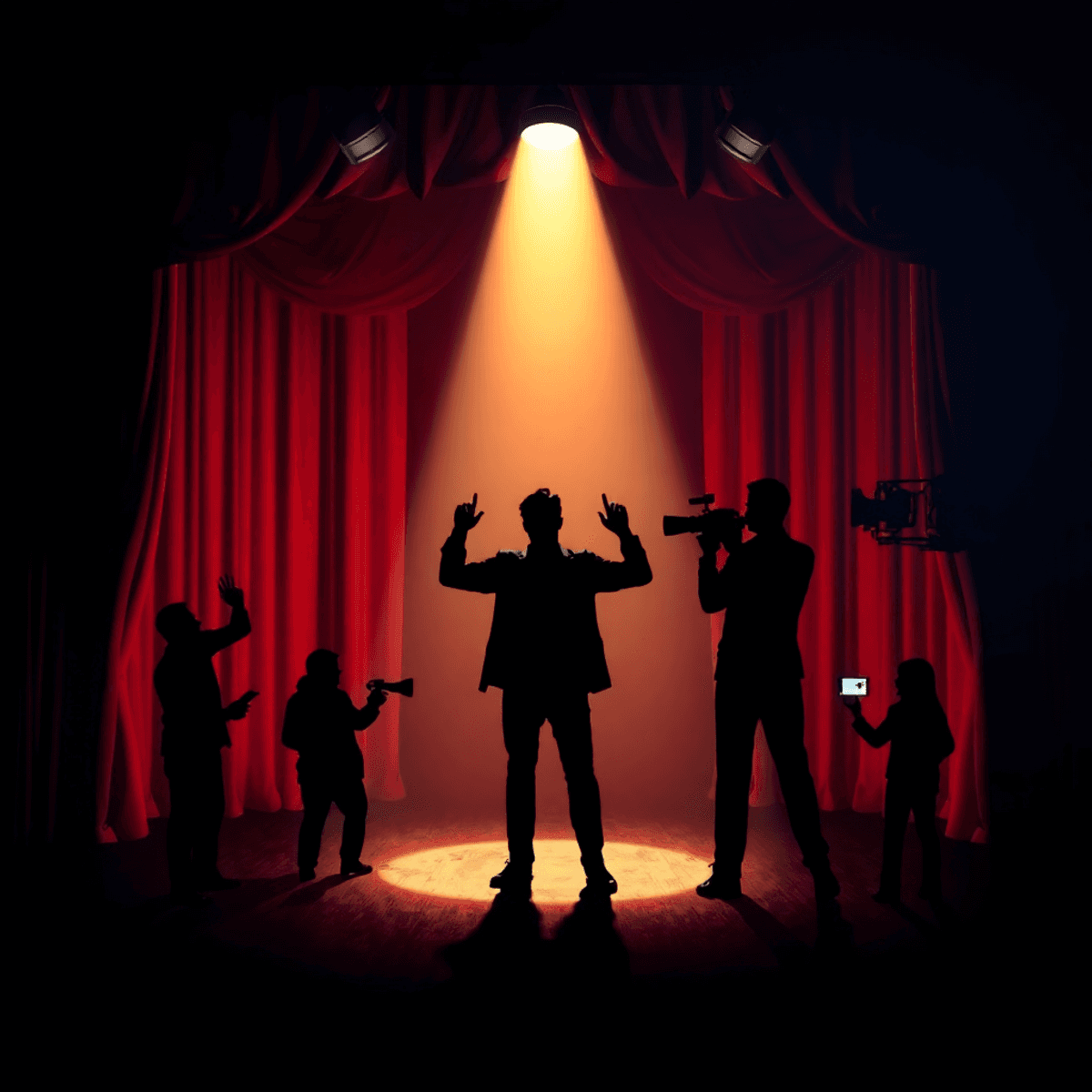 Spotlight on vintage theater stage merging into modern film set with abstract actor silhouettes transitioning between expressive and naturalistic p...