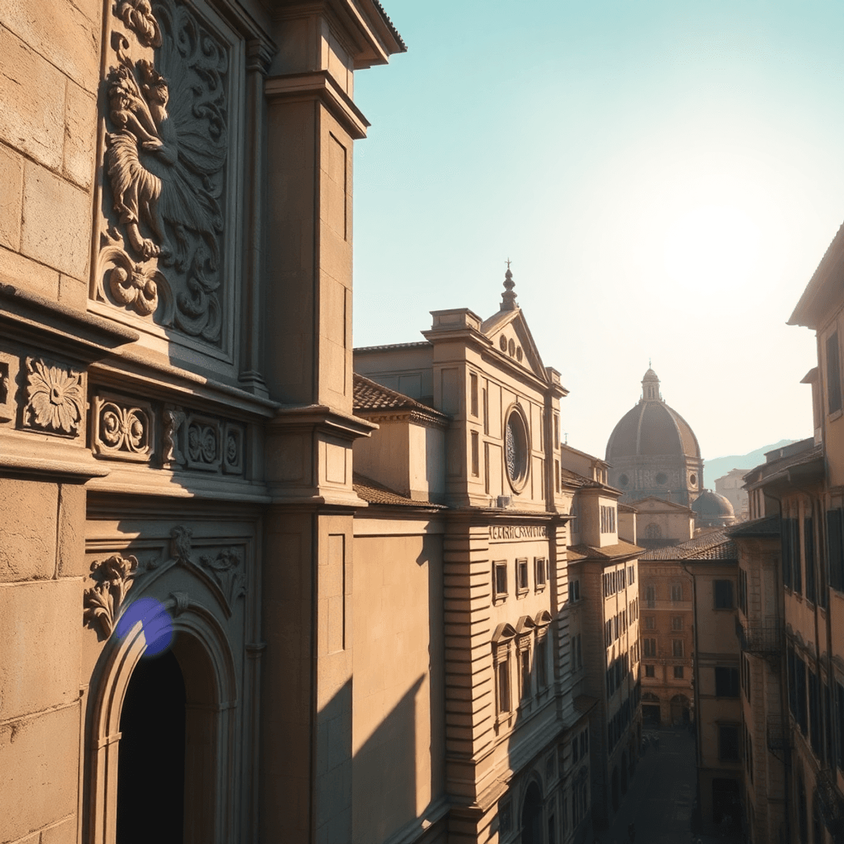 Sunlit Renaissance Florence with elegant stone buildings, intricate carvings, warm tones, grand palaces, artisan workshops, and subtle motifs symbo...