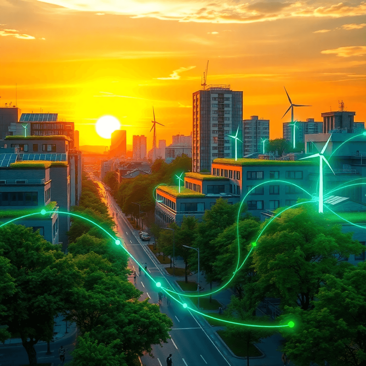 Sunset cityscape with green rooftops, solar panels, wind turbines, tree-lined streets, pedestrians, cyclists, and glowing energy flows symbolizing ...