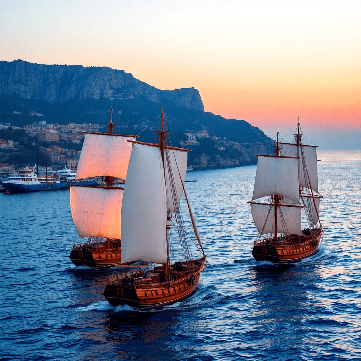 Sunset over Mediterranean sea with wooden sailing ships, gentle waves, historic coastal shipyards, and rugged cliffs in a serene maritime scene.
