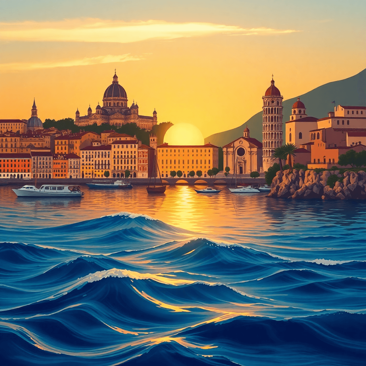 Sunset over a Mediterranean coastal scene with domes, sailing ships, leaning tower, cliffside cathedral, and warm reflections on calm waters.