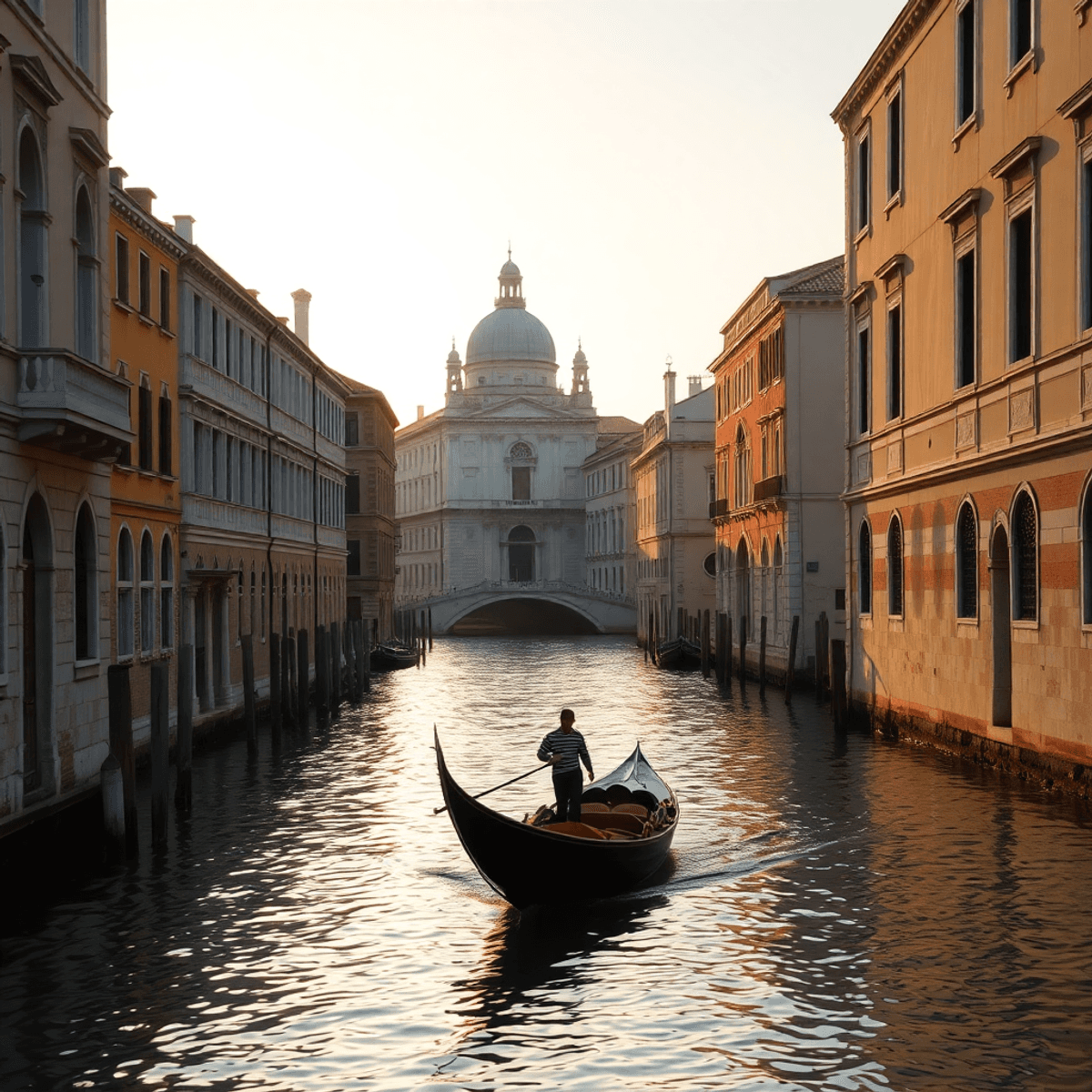 Sunset over a Venetian canal with golden light reflecting on water, historic buildings lining the sides, and a gondola gliding smoothly through the...