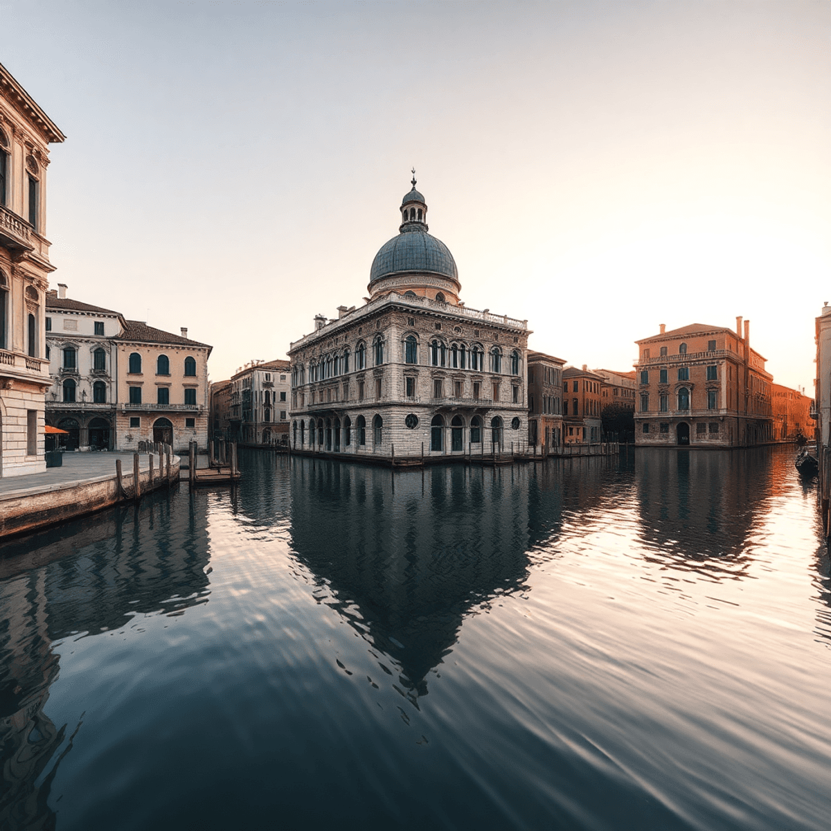 Sunset over a calm Venetian canal with elegant stone buildings reflecting on the water, bathed in warm light highlighting architectural details and...