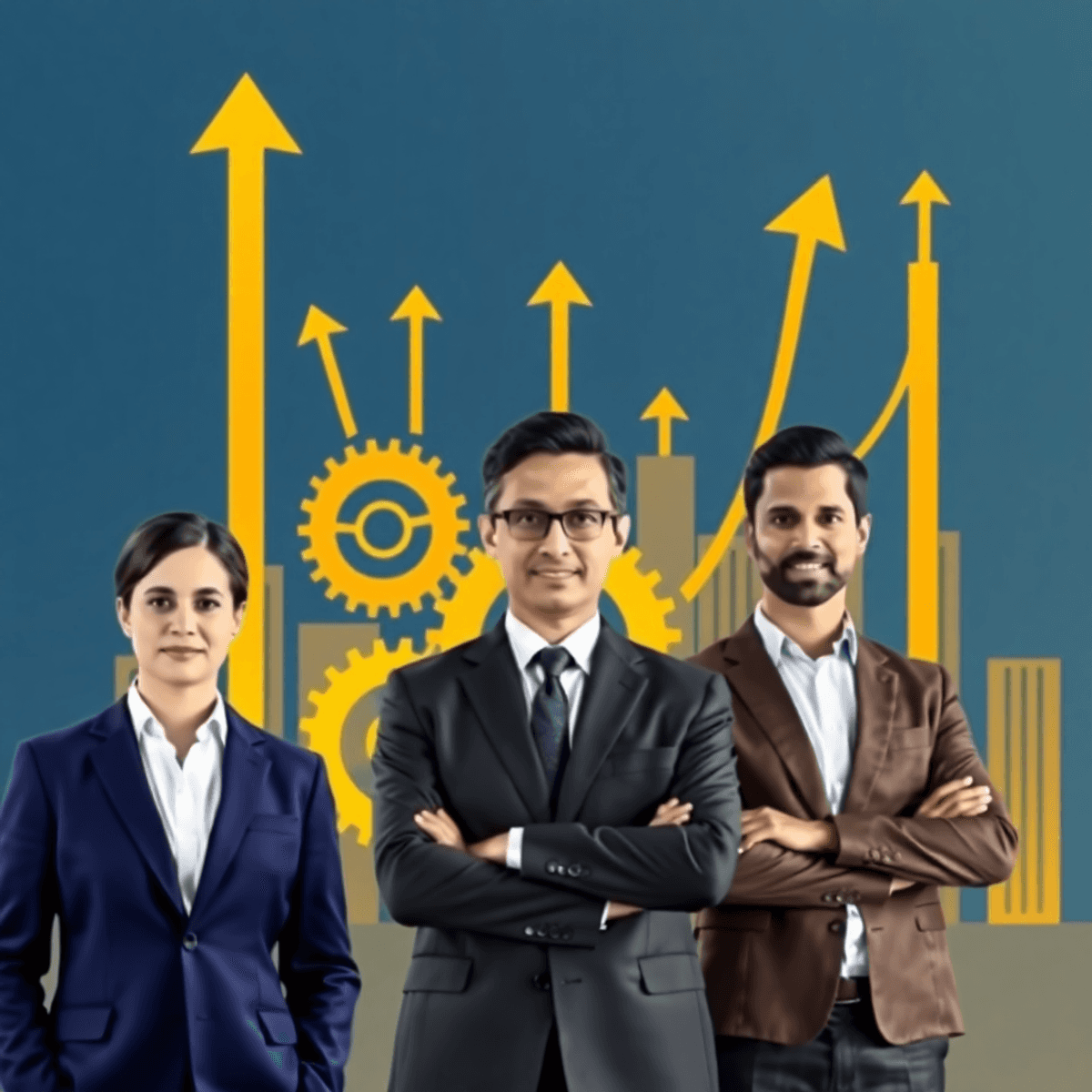 Three confident businesspeople stand before an abstract cityscape with interconnected golden gears and arrows, symbolizing leadership and complex n...