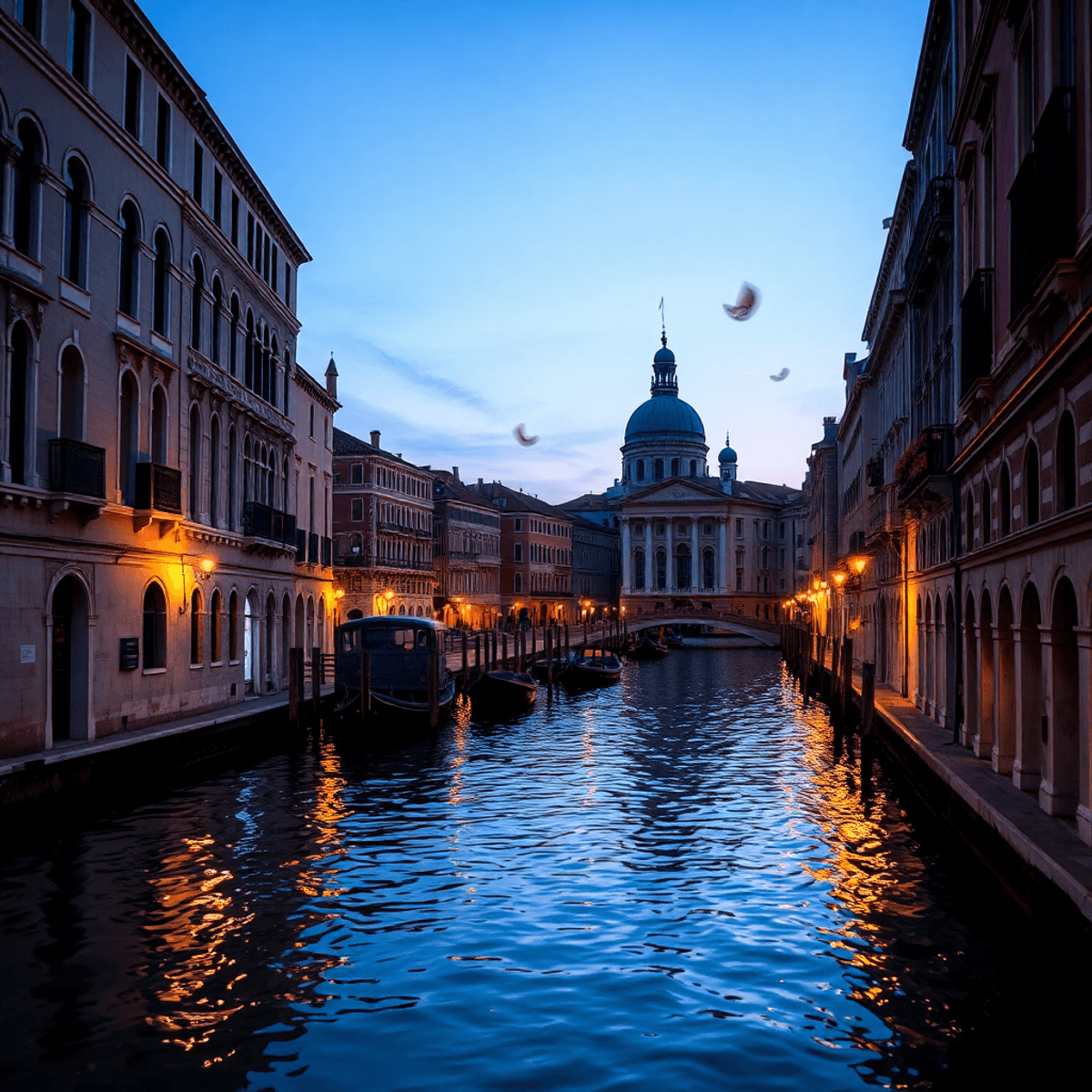 Twilight Venetian canal with glowing reflections, Renaissance and Baroque buildings, subtle Venetian masks, and floating musical notes creating a s...