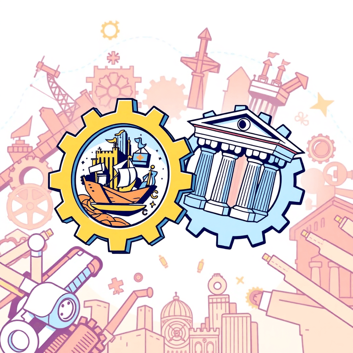 Two interlocking gears symbolizing commerce and governance, set against a backdrop of historical and modern industrial motifs in bright, optimistic...