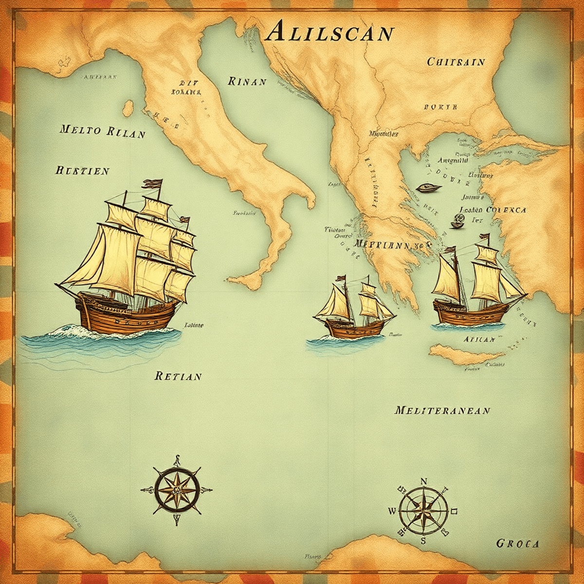Vintage-style nautical map of the Mediterranean Sea with stylized coastlines, ancient sailing ships, traditional compasses, and subtle waves in a p...