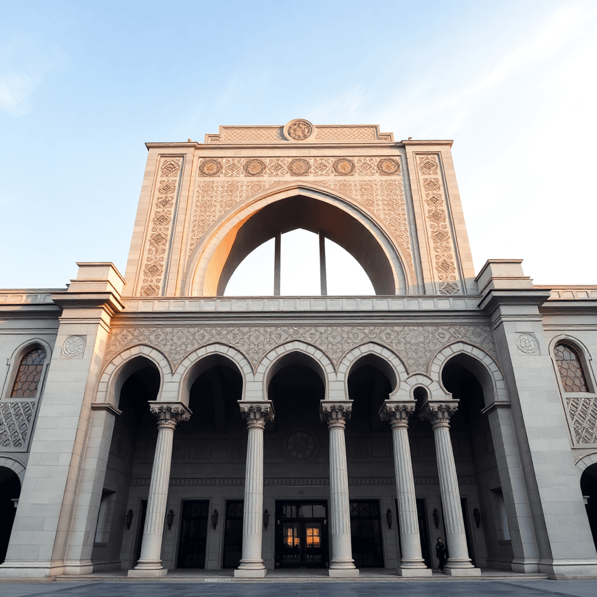 A grand building blending classical and modern styles with geometric patterns, overlapping arches, and soft natural lighting against a serene sky.