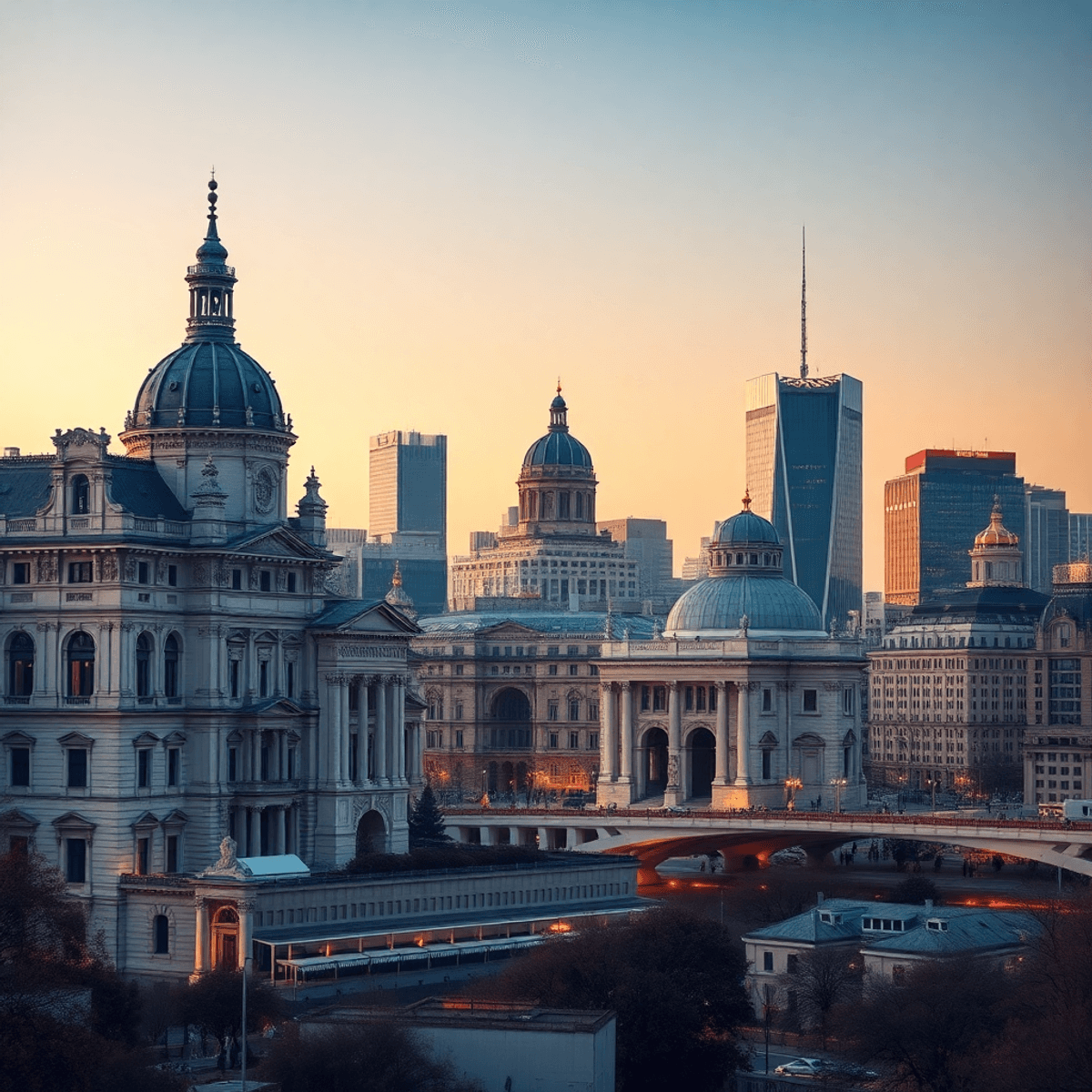 A twilight cityscape blending classical and modern architecture with flowing light patterns, symbolizing cultural identity and digital influence in...