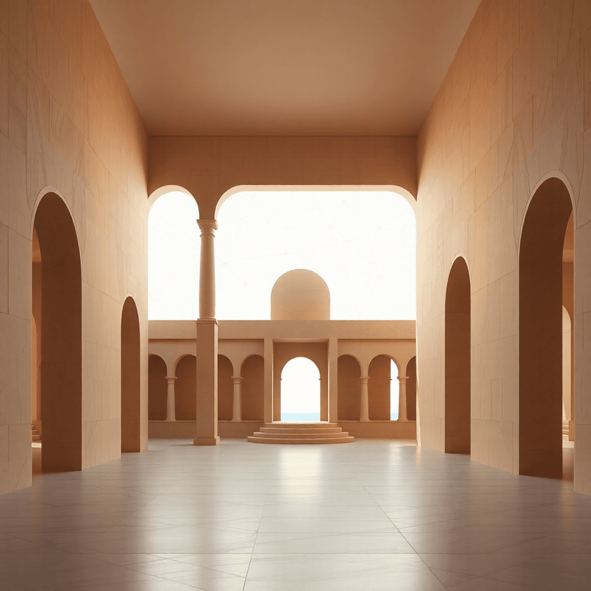 Abstract architectural scene with layered arches and columns, blending classical forms and digital grid patterns in warm, soft light.