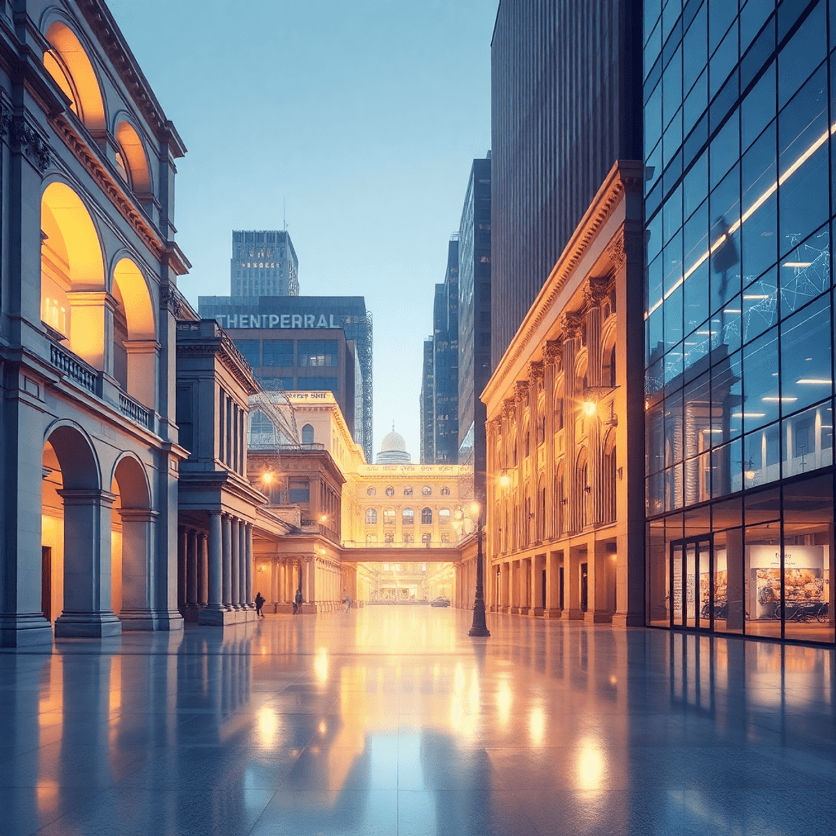 Abstract cityscape merging classical arches and modern glass buildings, softly lit with warm light and subtle digital network reflections.