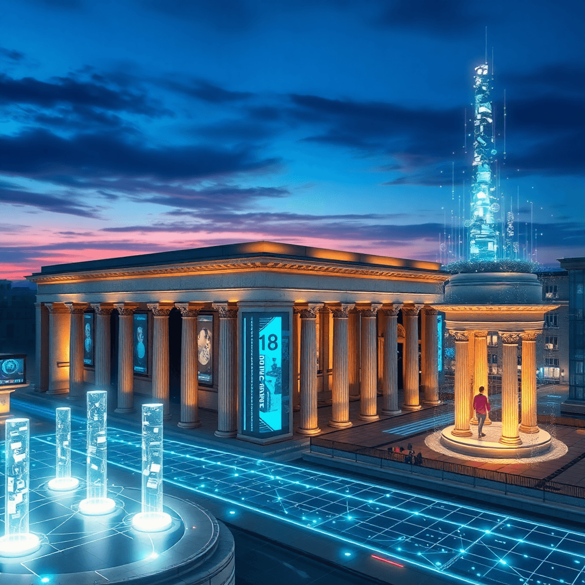 Futuristic cityscape with classical arches and columns intertwined with glowing digital holograms under a twilight sky.