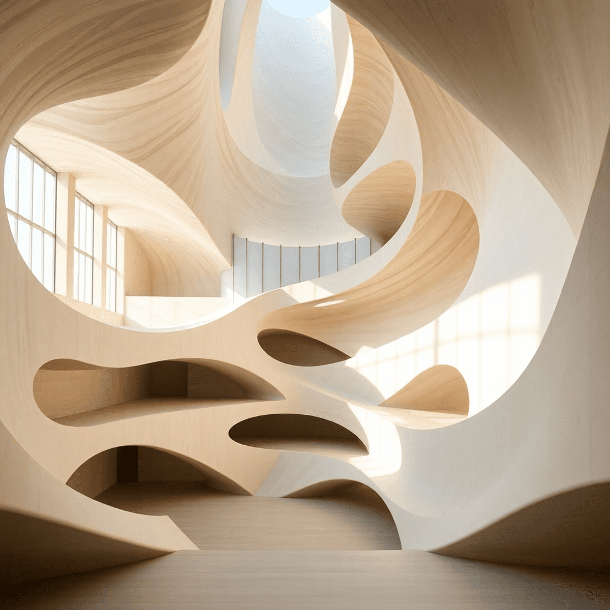 Interior of a serene space with flowing abstract forms, layered volumes, and soft natural light blending classical and modern design elements.