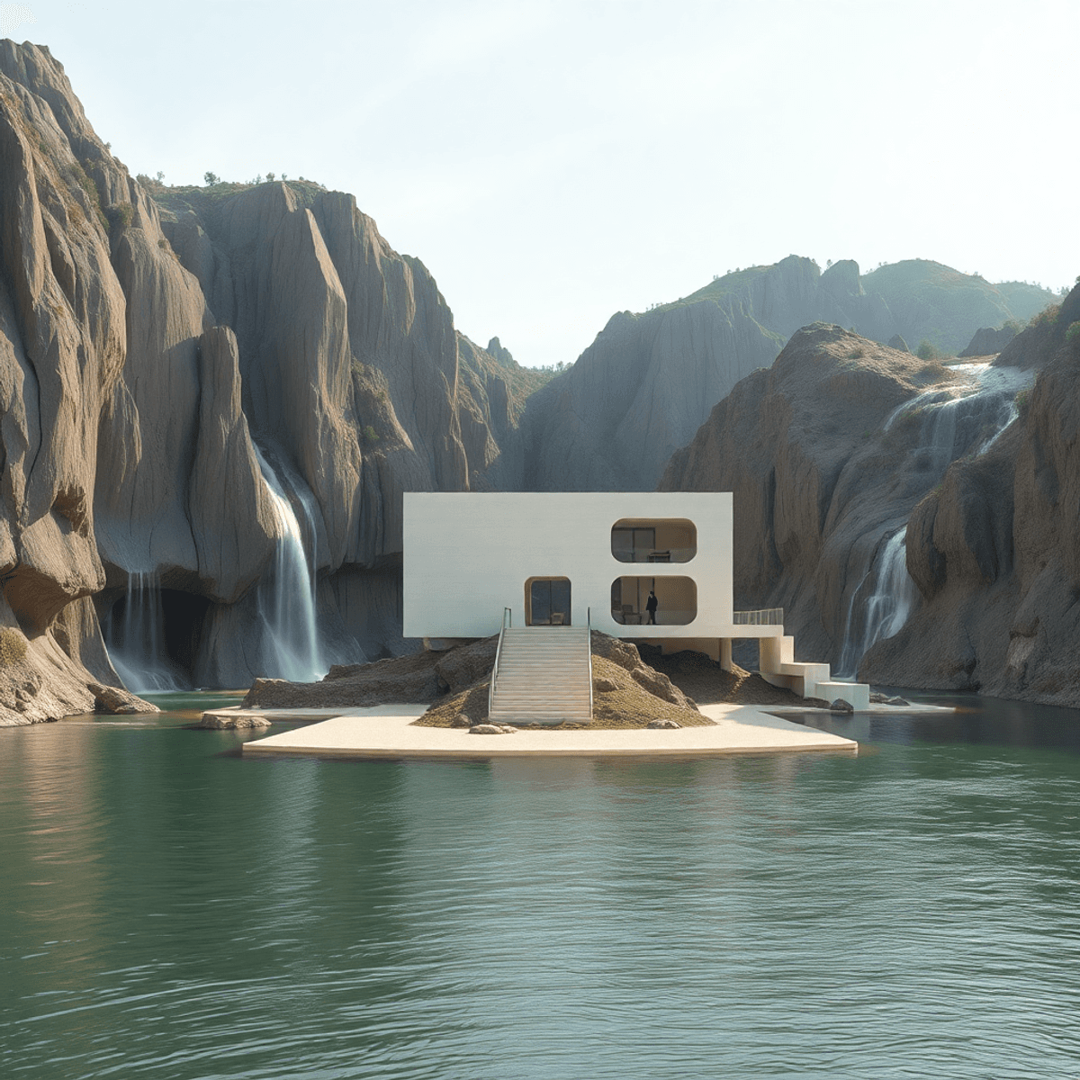 Minimalist architectural structure nestled in cliffs by water, bathed in soft natural light, blending modern design with natural landscape in a ser...