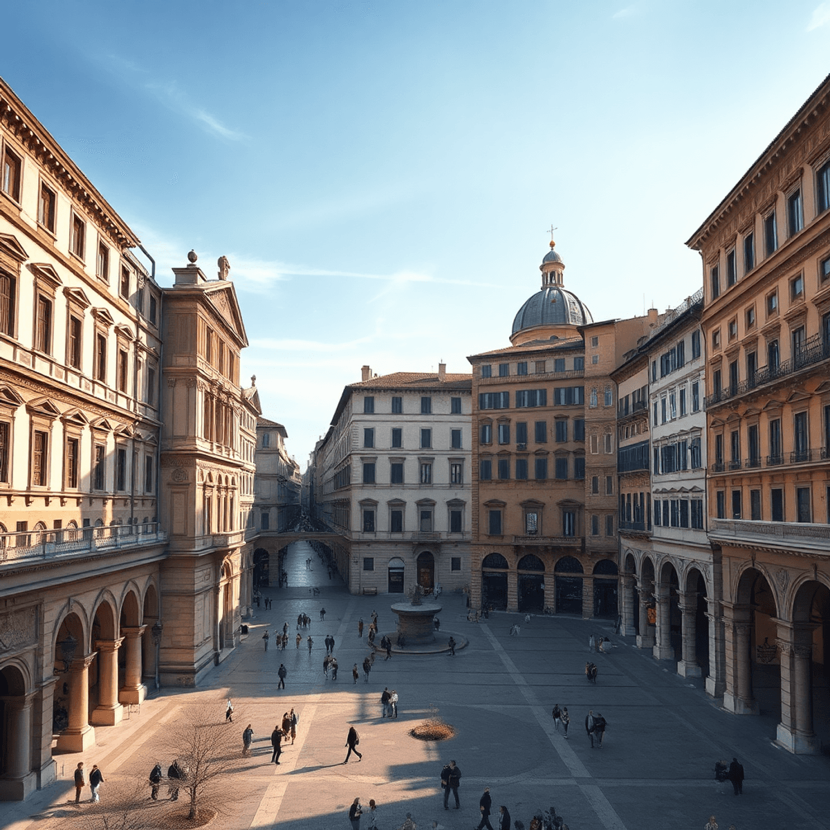 Photograph of a cityscape blending Renaissance buildings with modern abstract shapes, bathed in warm light under a calm sky, highlighting cultural ...