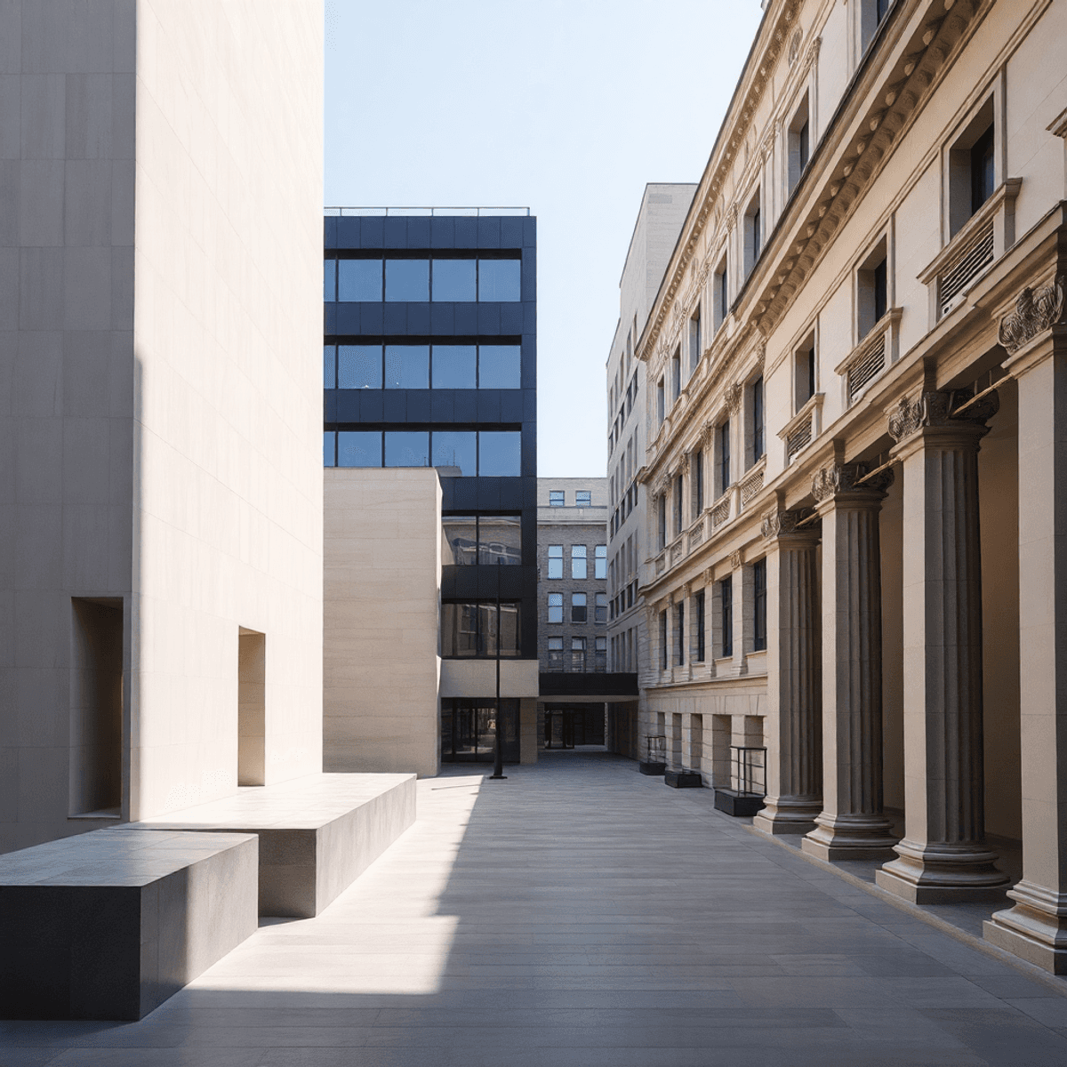 Photograph of a serene architectural scene blending modern and classical buildings with balanced proportions, soft natural light, and gentle shadows.
