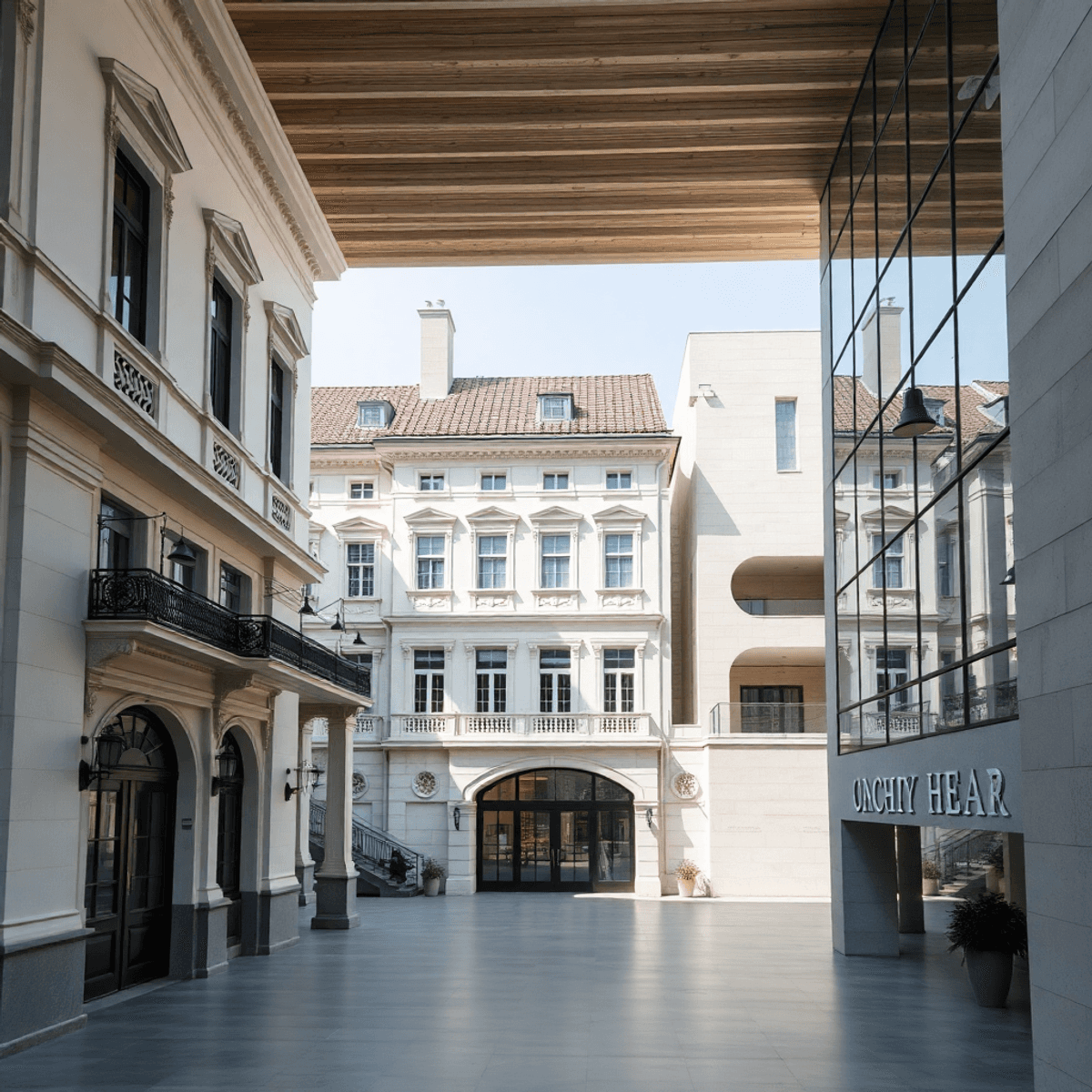 Photograph of a serene architectural scene merging classical maritime buildings with modern abstract forms, lit softly to highlight intricate craft...