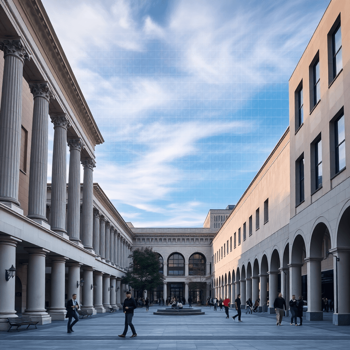Photograph of an urban plaza featuring classical columns and arches alongside modern abstract shapes, with soft light and a digital grid overlay in...