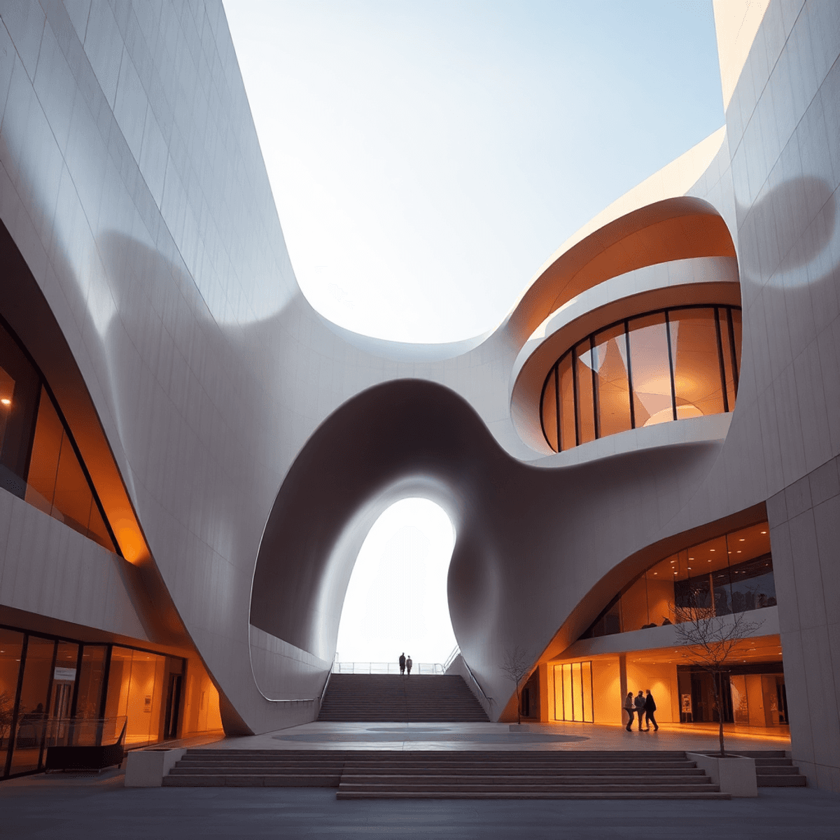 Photograph of sleek, abstract modern buildings with flowing shapes and warm lighting, highlighting the interplay of structure and space.
