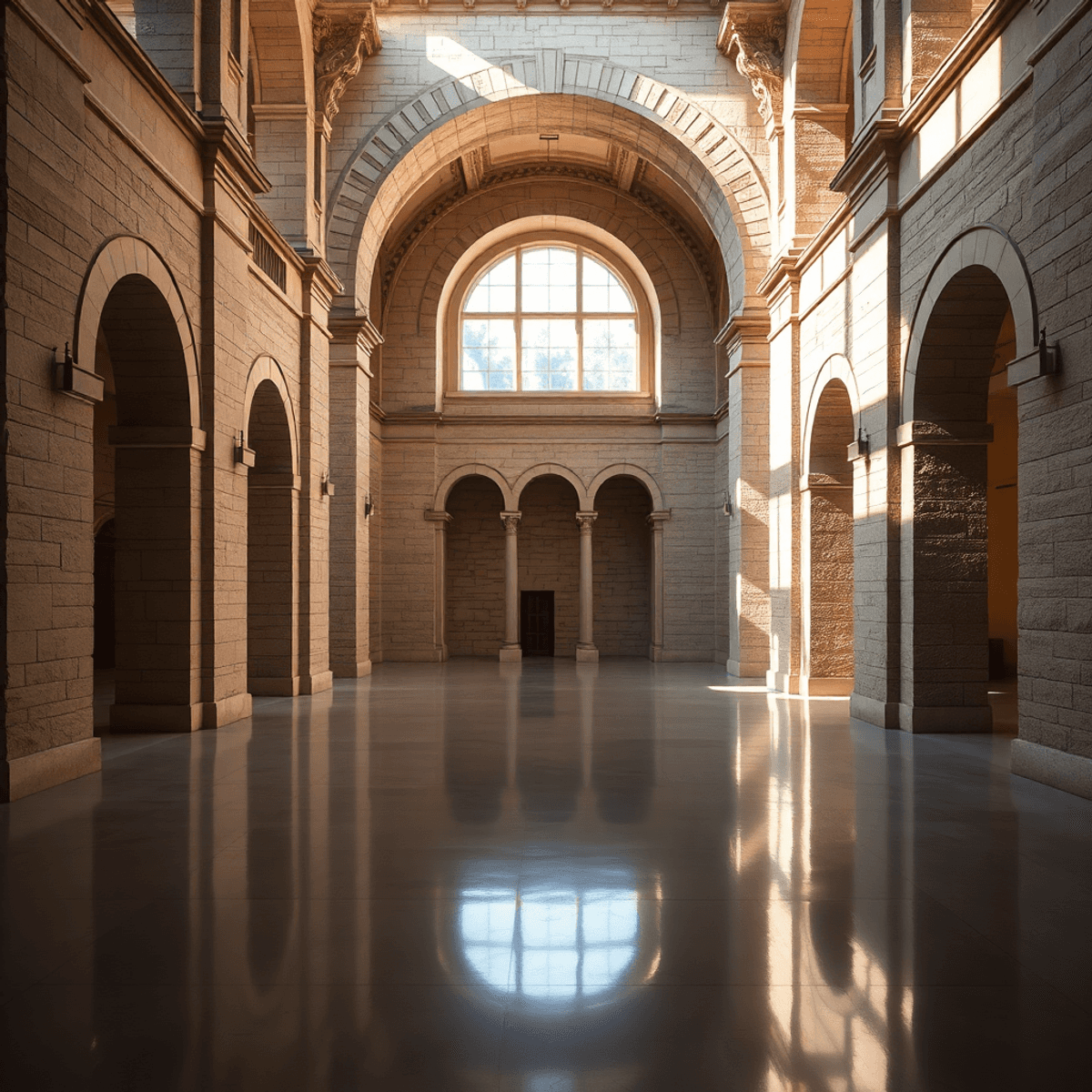 Serene architectural space with soft natural light, textured stone walls, intricate arches, and smooth reflective surfaces blending classical and m...