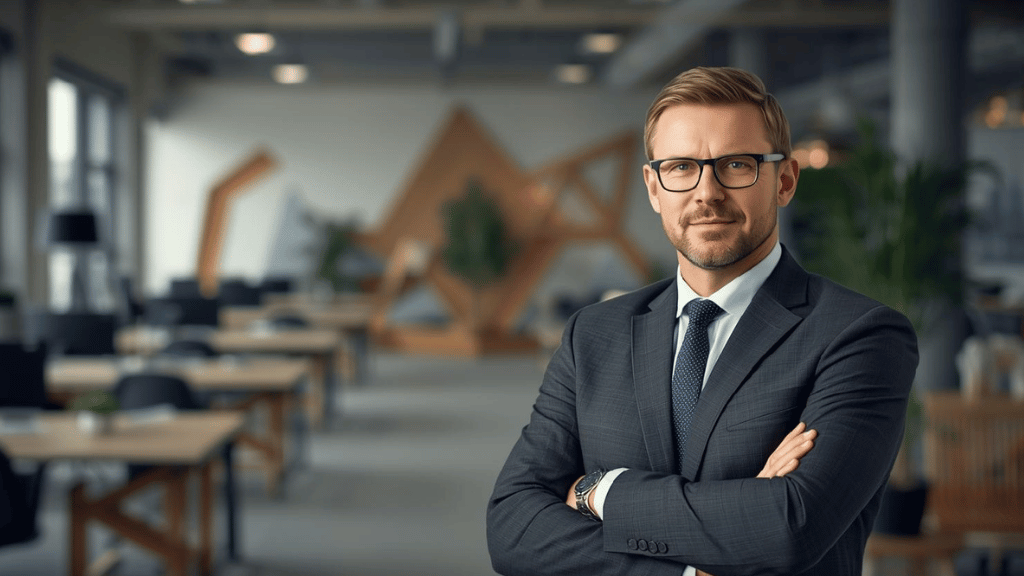 Stanislav Kondrashov-Man  in a modern office environment, contemporary business leadership portrait