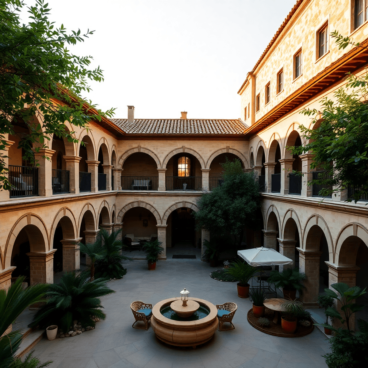 Sunlit Mediterranean courtyard with stone arches, terracotta roofs, lush greenery, and open communal spaces blending traditional and modern elements.